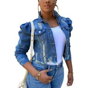 Women’s Ripped Puff Sleeve Denim Cropped Jacket Casual Western Style